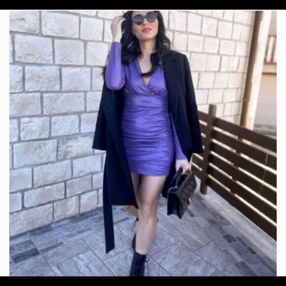 Zara purple faux leather long sleeve V-neck ruched mini dress Sz L NWT - Picture 8 of 14